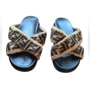 COPY - Fendi Two-Tone Zucca Print Shearling  Fur Criss Cross Flat Slides